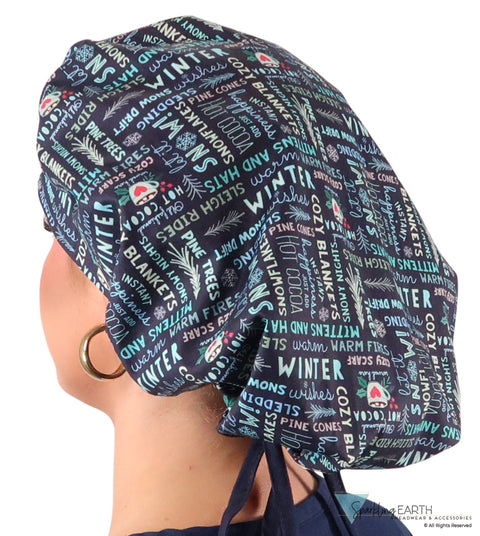 Banded Bouffant Ponytail Scrub Cap - Whimsical Winter with Navy Ties Banded Bouffant Surgical Scrub Caps