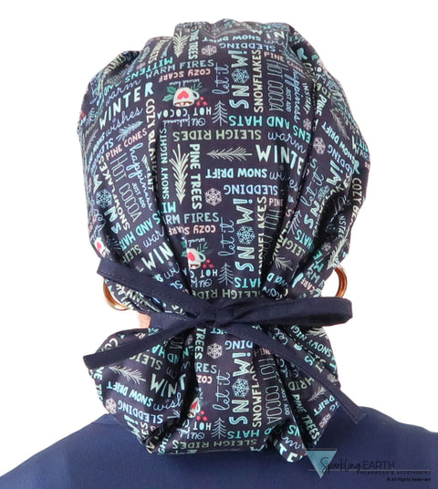 Banded Bouffant Ponytail Scrub Cap - Whimsical Winter with Navy Ties Banded Bouffant Surgical Scrub Caps