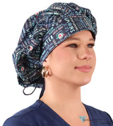 Banded Bouffant Ponytail Scrub Cap - Whimsical Winter with Navy Ties Banded Bouffant Surgical Scrub Caps