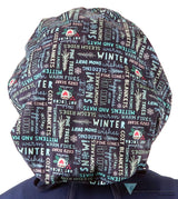 Banded Bouffant Ponytail Scrub Cap - Whimsical Winter with Navy Ties Banded Bouffant Surgical Scrub Caps
