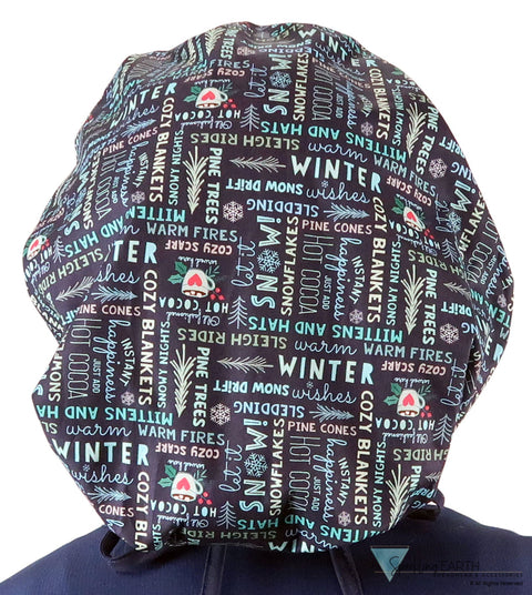 Banded Bouffant Ponytail Scrub Cap - Whimsical Winter with Navy Ties Banded Bouffant Surgical Scrub Caps