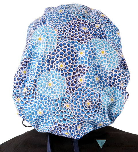 Banded Bouffant Ponytail Scrub Cap - Blue Dahlia Dreams with Navy Ties Banded Bouffant Surgical Scrub Caps