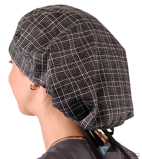 Banded Bouffant Ponytail Scrub Cap - Check Mate with Black Ties Banded Bouffant Surgical Scrub Caps