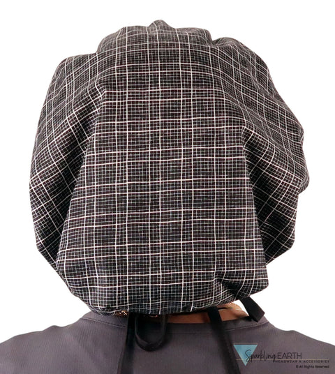 Banded Bouffant Ponytail Scrub Cap - Check Mate with Black Ties Banded Bouffant Surgical Scrub Caps