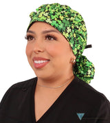 Banded Bouffant Surgical Scrub Cap - Clover Clusters with Black Ties - Banded Bouffant Surgical Scrub Caps - Sparkling EARTH