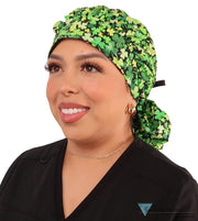 Banded Bouffant Surgical Scrub Cap - Clover Clusters with Black Ties - Banded Bouffant Surgical Scrub Caps - Sparkling EARTH