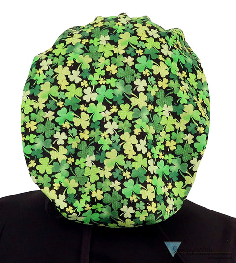 Banded Bouffant Surgical Scrub Cap - Clover Clusters with Black Ties - Banded Bouffant Surgical Scrub Caps - Sparkling EARTH