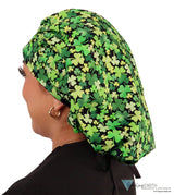 Banded Bouffant Surgical Scrub Cap - Clover Clusters with Black Ties - Banded Bouffant Surgical Scrub Caps - Sparkling EARTH