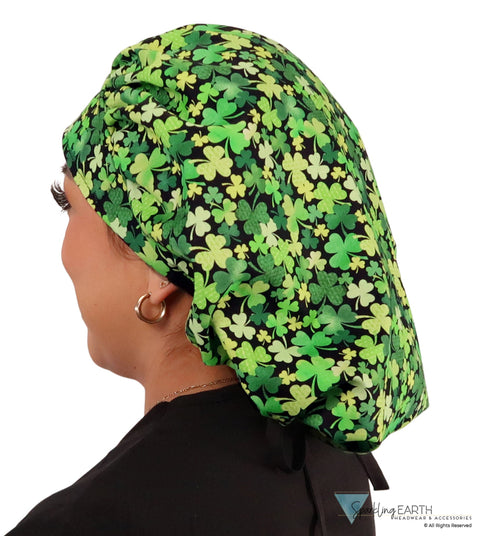 Banded Bouffant Surgical Scrub Cap - Clover Clusters with Black Ties - Banded Bouffant Surgical Scrub Caps - Sparkling EARTH