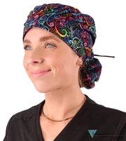 Banded Bouffant Ponytail Scrub Cap - Ethereal Kaleidoscope with Black Ties - Banded Bouffant Surgical Scrub Caps - Sparkling EARTH