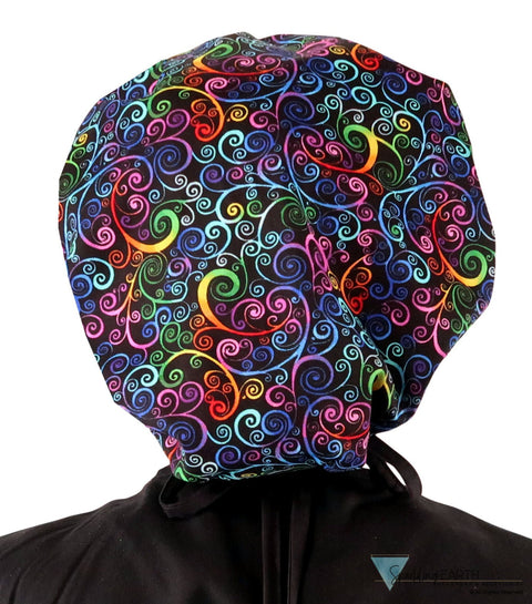 Banded Bouffant Ponytail Scrub Cap - Ethereal Kaleidoscope with Black Ties - Banded Bouffant Surgical Scrub Caps - Sparkling EARTH