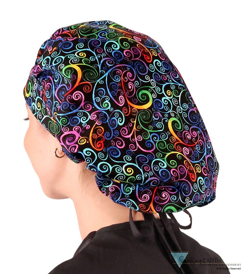 Banded Bouffant Ponytail Scrub Cap - Ethereal Kaleidoscope with Black Ties - Banded Bouffant Surgical Scrub Caps - Sparkling EARTH