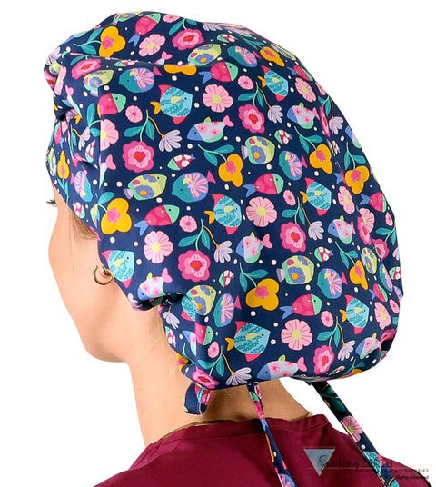 Banded Bouffant Ponytail Scrub Cap - Fabulous Fishies - Banded Bouffant Surgical Scrub Caps - Sparkling EARTH