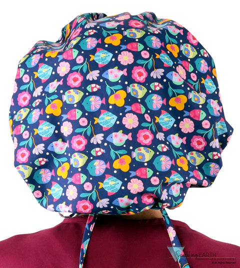Banded Bouffant Ponytail Scrub Cap - Fabulous Fishies - Banded Bouffant Surgical Scrub Caps - Sparkling EARTH