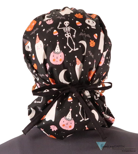 Banded Bouffant Ponytail Scrub Cap - Ghostly Gala with Black Ties Banded Bouffant Surgical Scrub Caps