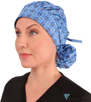 Banded Bouffant Surgical Scrub Cap - Golden Metallic Blue Blossoms - Banded Bouffant Surgical Scrub Caps - Sparkling EARTH