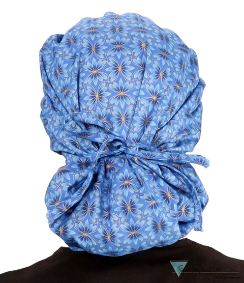 Banded Bouffant Surgical Scrub Cap - Golden Metallic Blue Blossoms - Banded Bouffant Surgical Scrub Caps - Sparkling EARTH
