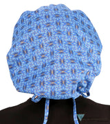 Banded Bouffant Surgical Scrub Cap - Golden Metallic Blue Blossoms - Banded Bouffant Surgical Scrub Caps - Sparkling EARTH