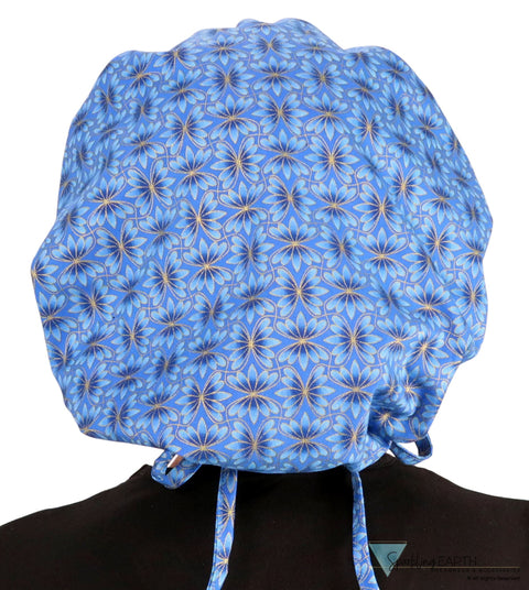 Banded Bouffant Surgical Scrub Cap - Golden Metallic Blue Blossoms - Banded Bouffant Surgical Scrub Caps - Sparkling EARTH