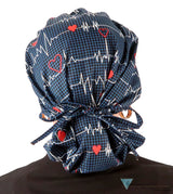 Banded Bouffant Surgical Scrub Cap - Heartbeats on Navy Banded Bouffant Surgical Scrub Caps