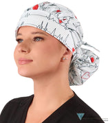 Banded Bouffant Surgical Scrub Cap - Heartbeats on White Banded Bouffant Surgical Scrub Caps