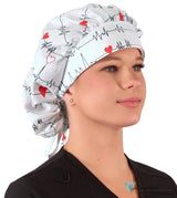 Banded Bouffant Surgical Scrub Cap - Heartbeats on White Banded Bouffant Surgical Scrub Caps