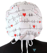 Banded Bouffant Surgical Scrub Cap - Heartbeats on White Banded Bouffant Surgical Scrub Caps