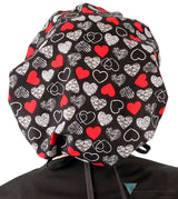 Banded Bouffant Ponytail Scrub Cap - Heartwarming Hearts with Black Ties Banded Bouffant Surgical Scrub Caps