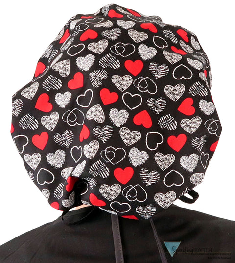 Banded Bouffant Ponytail Scrub Cap - Heartwarming Hearts with Black Ties Banded Bouffant Surgical Scrub Caps