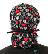 Banded Bouffant Ponytail Scrub Cap - Heartwarming Hearts with Black Ties Banded Bouffant Surgical Scrub Caps