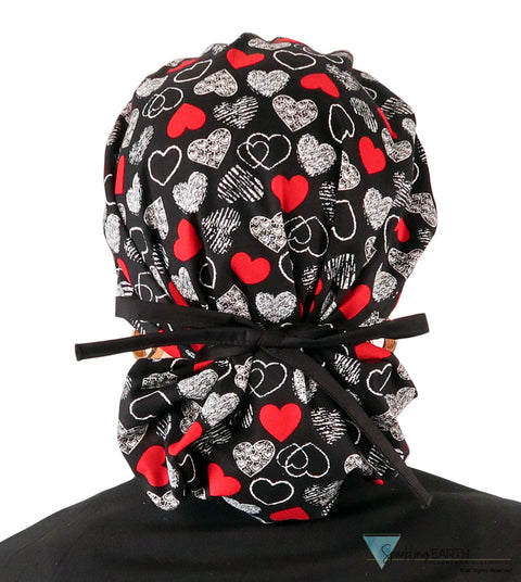 Banded Bouffant Ponytail Scrub Cap - Heartwarming Hearts with Black Ties Banded Bouffant Surgical Scrub Caps