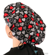 Banded Bouffant Ponytail Scrub Cap - Heartwarming Hearts with Black Ties Banded Bouffant Surgical Scrub Caps