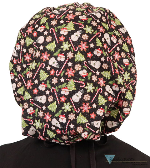 Banded Bouffant Surgical Scrub Cap - Holiday Happiness with Black Ties - Banded Bouffant Surgical Scrub Caps - Sparkling EARTH