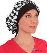 Banded Bouffant Surgical Scrub Cap - Houndstooth Kitties with Black Band - Banded Bouffant Surgical Scrub Caps - Sparkling EARTH