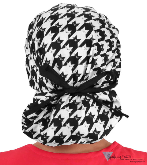 Banded Bouffant Surgical Scrub Cap - Houndstooth Kitties with Black Band - Banded Bouffant Surgical Scrub Caps - Sparkling EARTH