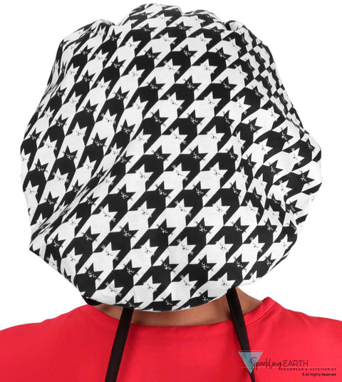 Banded Bouffant Surgical Scrub Cap - Houndstooth Kitties with Black Band - Banded Bouffant Surgical Scrub Caps - Sparkling EARTH