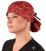 Banded Bouffant Ponytail Scrub Cap - Metallic Cranberry Cocktail with Black Ties Banded Bouffant Surgical Scrub Caps