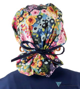 Banded Bouffant Ponytail Scrub Cap - Morning Meadow with Navy Ties Banded Bouffant Surgical Scrub Caps