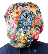 Banded Bouffant Ponytail Scrub Cap - Morning Meadow with Navy Ties Banded Bouffant Surgical Scrub Caps