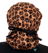 Banded Bouffant Surgical Scrub Cap - Plentiful Paws on Brown Plaid with Black Ties - Banded Bouffant Surgical Scrub Caps - Sparkling EARTH