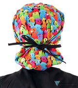 Banded Bouffant Ponytail Scrub Cap - Prismatic Pooch Party with Black Ties - Banded Bouffant Surgical Scrub Caps - Sparkling EARTH