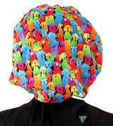 Banded Bouffant Ponytail Scrub Cap - Prismatic Pooch Party with Black Ties - Banded Bouffant Surgical Scrub Caps - Sparkling EARTH