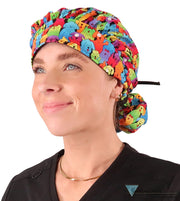Banded Bouffant Ponytail Scrub Cap - Prismatic Pooch Party with Black Ties - Banded Bouffant Surgical Scrub Caps - Sparkling EARTH
