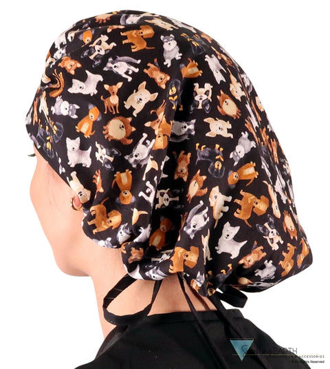 Banded Bouffant Ponytail Scrub Caps Puppy Parade with Black Ties Banded Bouffant Surgical Scrub Caps