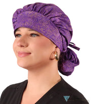 Banded Bouffant Ponytail Scrub Cap - Spectacular Gold Swirls on Purple Banded Bouffant Surgical Scrub Caps