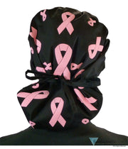 Designer Banded Bouffant Surgical Scrub Cap - Tossed Pink Ribbons on Black - Designer Banded Bouffant Surgical Scrub Caps - Sparkling EARTH