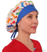 Designer Banded Bouffant - Wiener Dogs with Royal Band - Banded Bouffant Surgical Scrub Caps - Sparkling EARTH