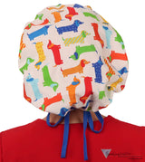 Designer Banded Bouffant - Wiener Dogs with Royal Band - Banded Bouffant Surgical Scrub Caps - Sparkling EARTH