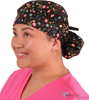 Banded Bouffant Surgical Scrub Cap - Wildflower Wonders with Black Ties - Banded Bouffant Surgical Scrub Caps - Sparkling EARTH