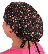 Banded Bouffant Surgical Scrub Cap - Wildflower Wonders with Black Ties - Banded Bouffant Surgical Scrub Caps - Sparkling EARTH